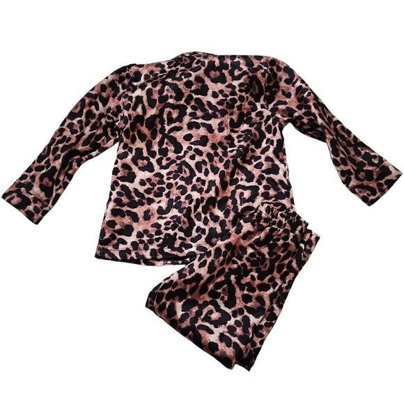 Girls Size 2T Brown Black Satin Leopard Print Button Down 2 Piece Pajama Set - Picture 2 of 4